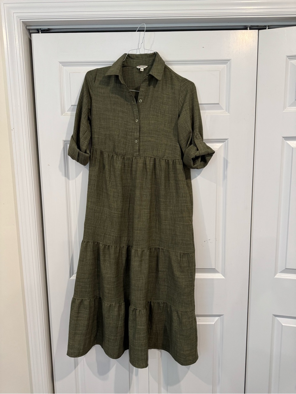 Max Studio London Olive Green Tiered Maxi Dress XS Boho